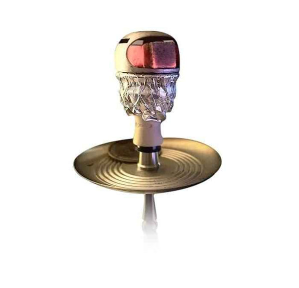 Modern shisha head with metal tray, foil-covered bowl, and hot charcoal on top