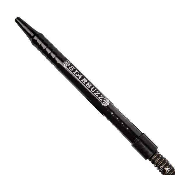 Black aluminum shisha hose mouthpiece with STARBUZZ logo, isolated on white background