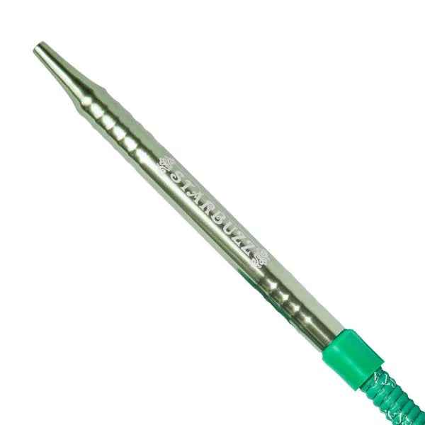 Green aluminum shisha hose with metallic mouthpiece and visible Starbuzz engraving
