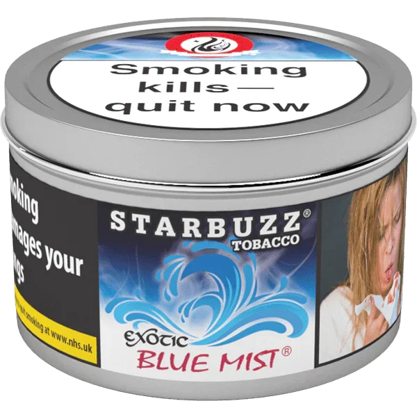 Starbuzz Blue Mist shisha flavour tobacco tin with health warning and wave graphic