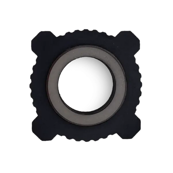 Top view of a black hookah leg assembly part with circular center and square edges