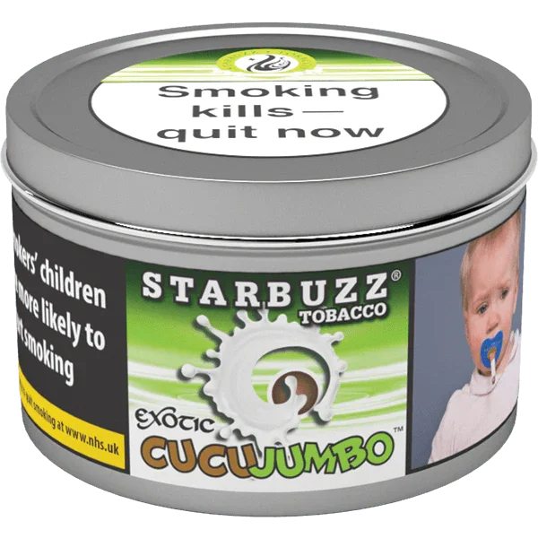 Starbuzz Exotic CocoJumbo shisha tobacco tin with health warning on lid and label.