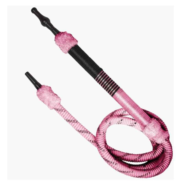 Pink washable hookah hose with black and silver accents, flexible and textured design