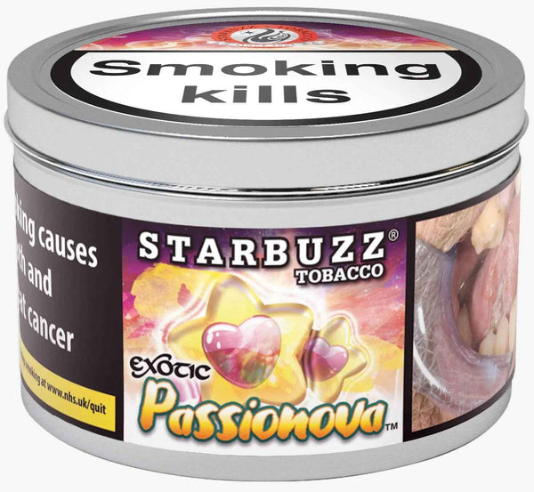 Starbuzz Passionova shisha tobacco tin with warning label and colorful fruit design
