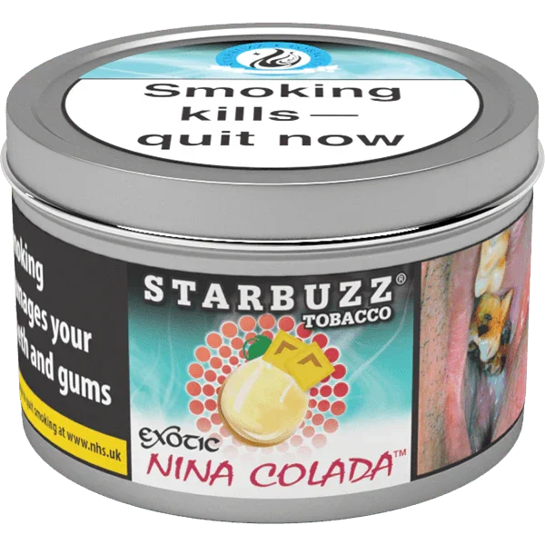 Starbuzz Pina Colada shisha flavour tobacco tin with warning labels and tropical drink graphic