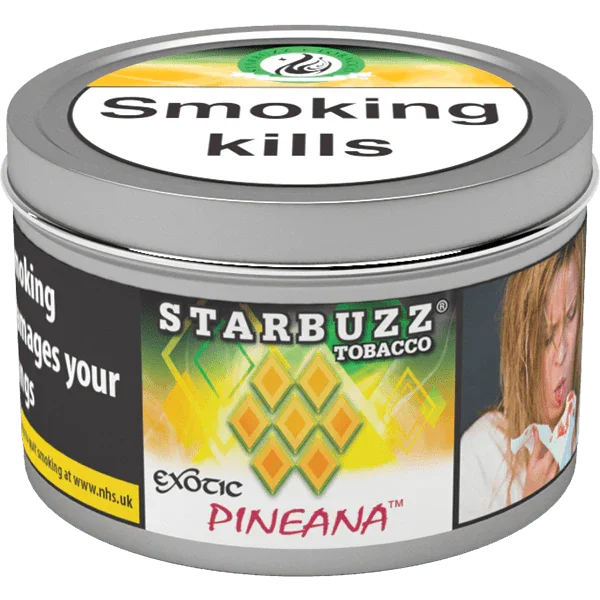 Starbuzz Pineana shisha flavour tin with smoking kills warning label, pineapple design