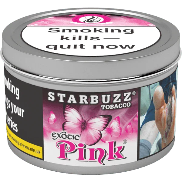 Starbuzz Pink shisha tobacco tin with butterfly design and health warning label