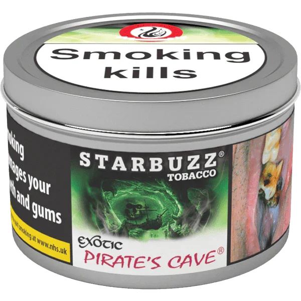 Starbuzz Pirate's Cave shisha tobacco tin with green pirate cave design and warning label