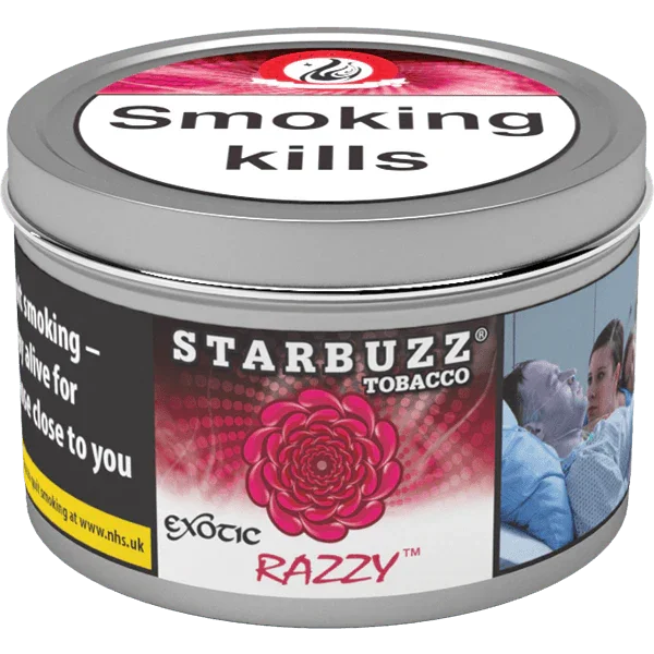 Starbuzz Exotic Razzy shisha tobacco tin with a Smoking Kills warning and raspberry design