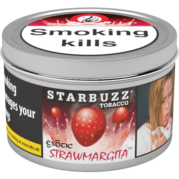 Starbuzz Strawberry Margarita shisha tobacco tin with smoking warning and strawberry splash graphic
