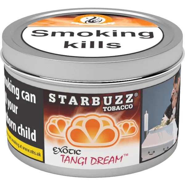 Starbuzz Exotic Tangi Dream shisha tobacco tin with health warning labels visible