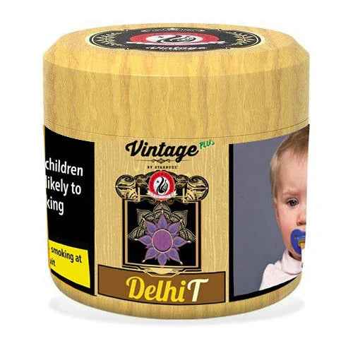 Starbuzz Vintage Plus Delhi T shisha tobacco jar with warning label and floral design