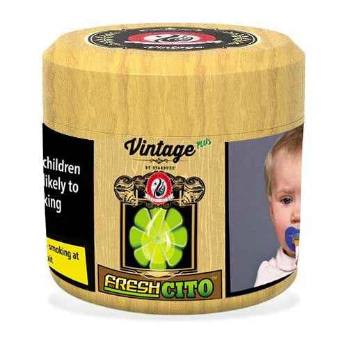 Wood-style container labeled Vintage Plus FreshCito with lime graphic and child warning label