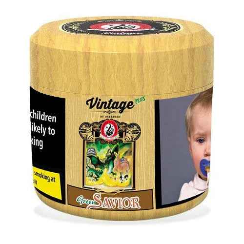 Starbuzz Vintage Plus Green Savior shisha tobacco container with label, warning, and child image