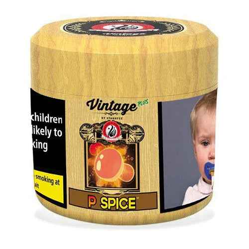 Vintage Plus P Spice shisha tobacco container with bold graphic design and health warning label