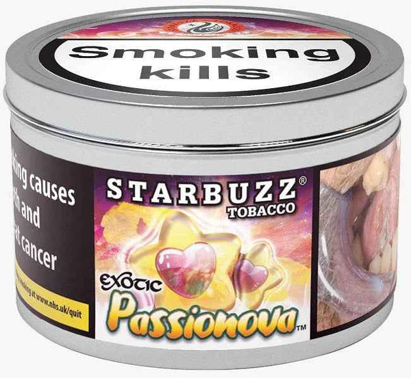 Starbuzz Passionova shisha tobacco tin with passion fruit flavor label and health warning