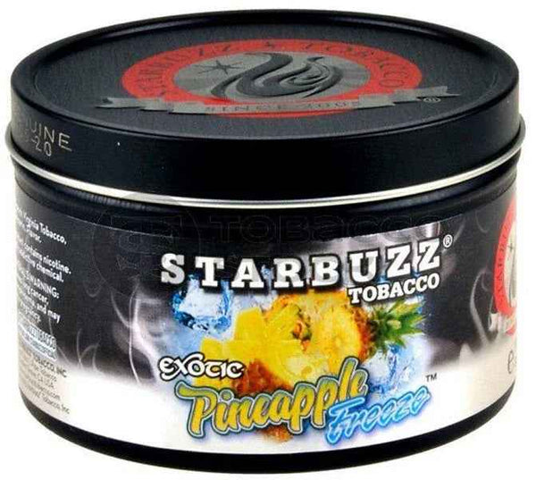 Starbuzz Pineapple Freeze shisha tobacco tin with pineapple and ice imagery on black packaging
