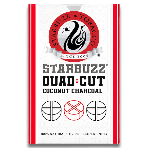 Starbuzz Quad Cut coconut charcoal box for shisha, 112 pieces, 100% natural, eco-friendly.
