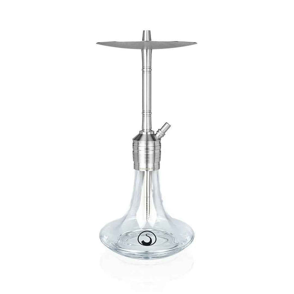 Modern clear glass hookah with stainless steel stem and round tray on white background