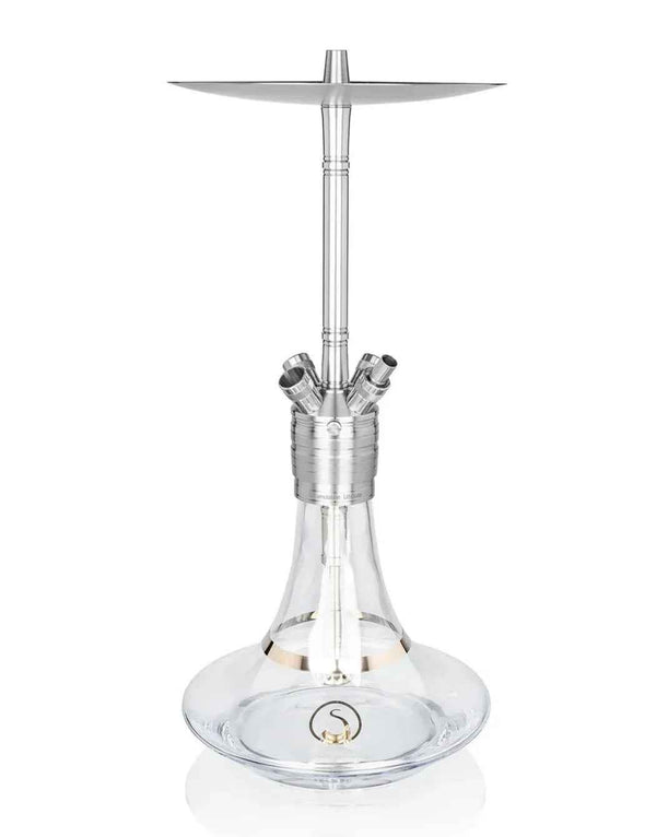 Modern clear glass shisha pipe with stainless steel stem and wide ashtray, studio background