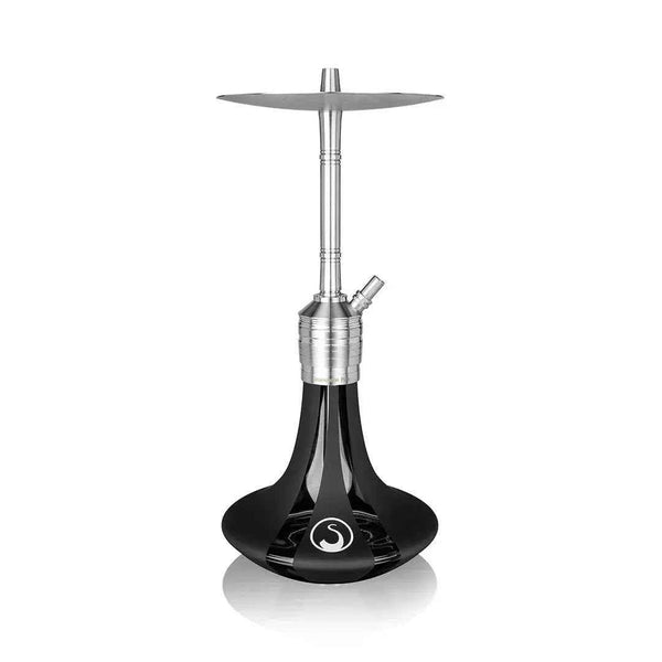 Modern black matte hookah with stainless steel stem and clear round base on white background