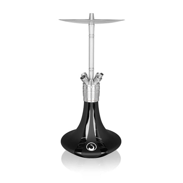 Modern black and silver hookah with stainless steel stem and wide glass base on white background