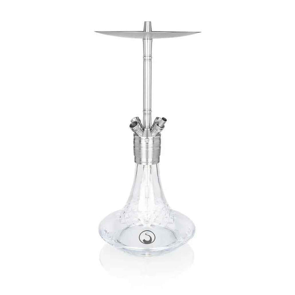Modern crystal glass and stainless steel hookah with clear base, isolated on white background