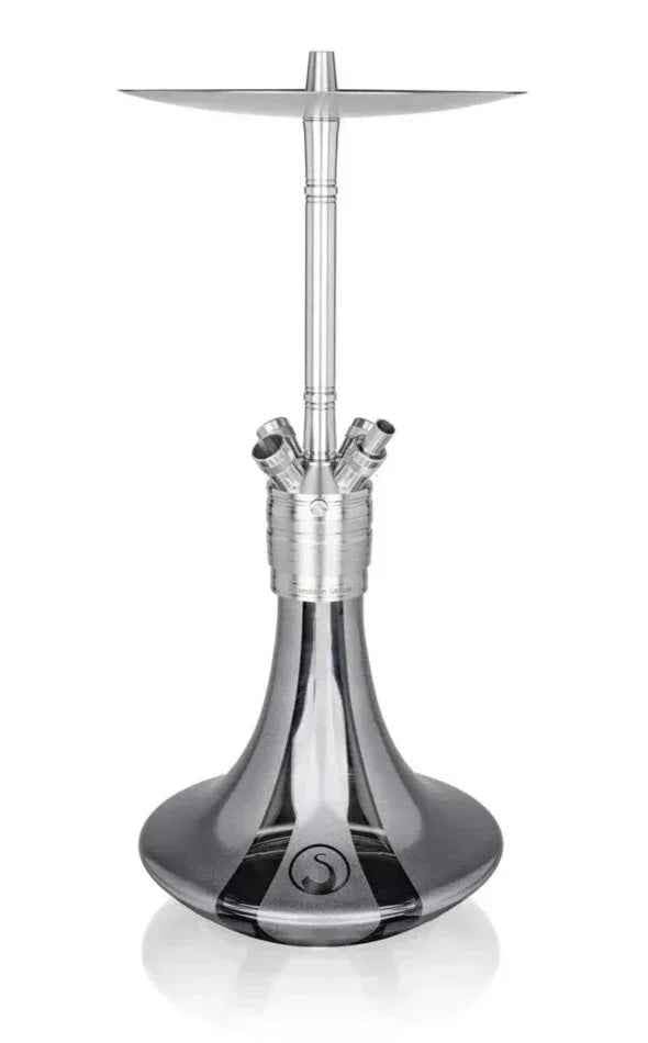 Modern graphite metallic hookah with sleek glass base and stainless steel stem on white background