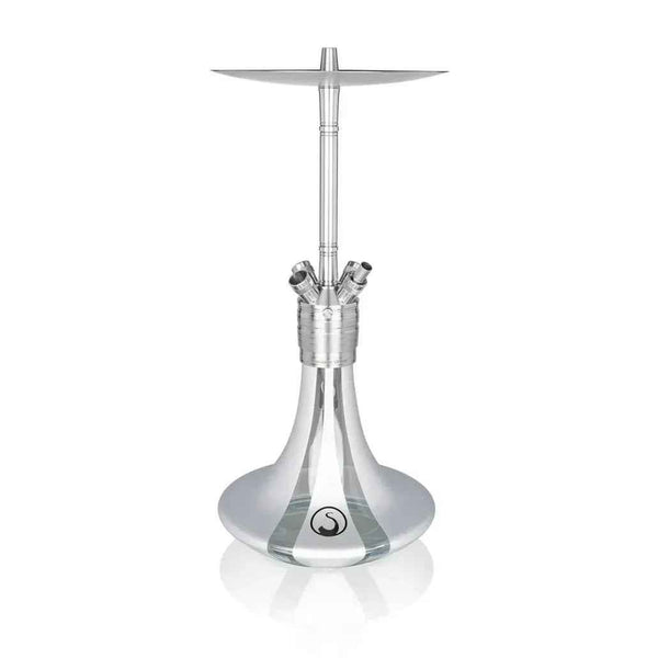 Modern silver hookah with clear base and minimalist design on white background