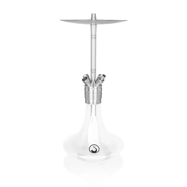 Modern white matte hookah with stainless steel stem and glass base on white background