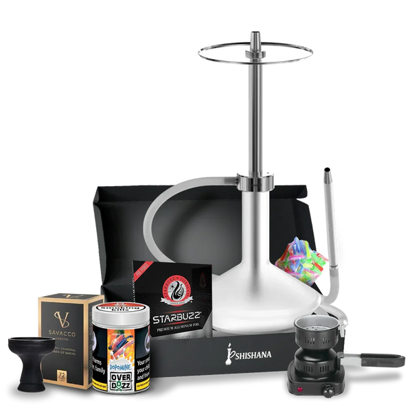 Modern shisha set with hookah, charcoal, tobacco, foil, tongs, bowl, and mouth tips