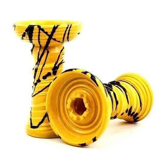Yellow and black hookah bowls with modern splash design on white background