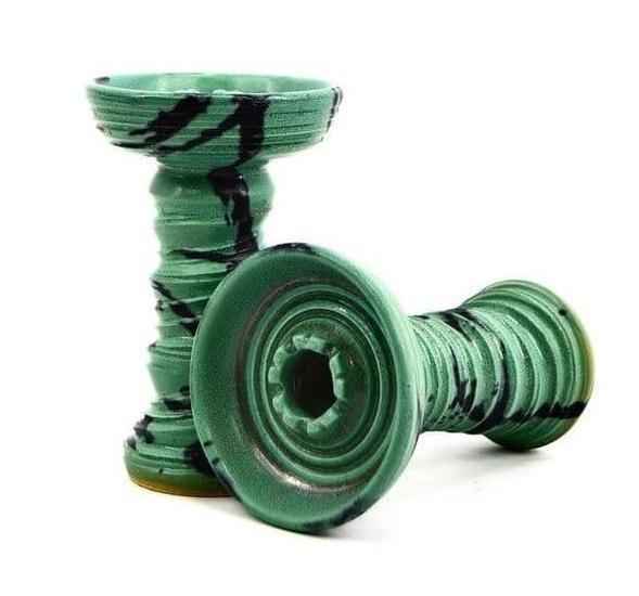 Green stone hookah bowl with black swirl accents, textured design, side and upright view