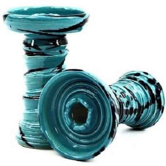turquoise ceramic hookah bowl with black swirl accents, two angles shown