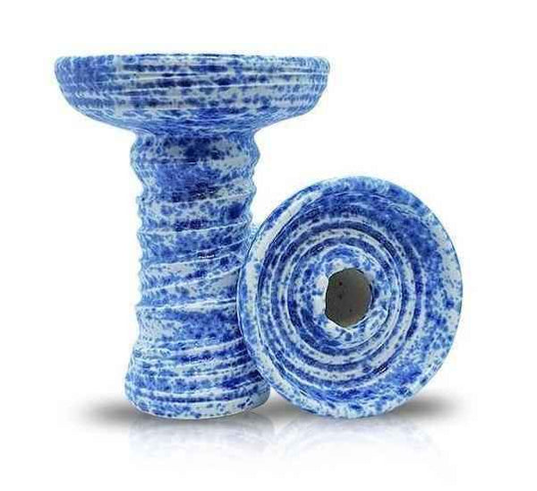 Stone hookah bowl in white and blue speckled design, shown front and bottom view