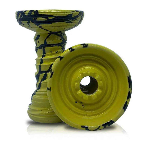 Yellow stone hookah bowl with black splatter design, two angles shown against white background