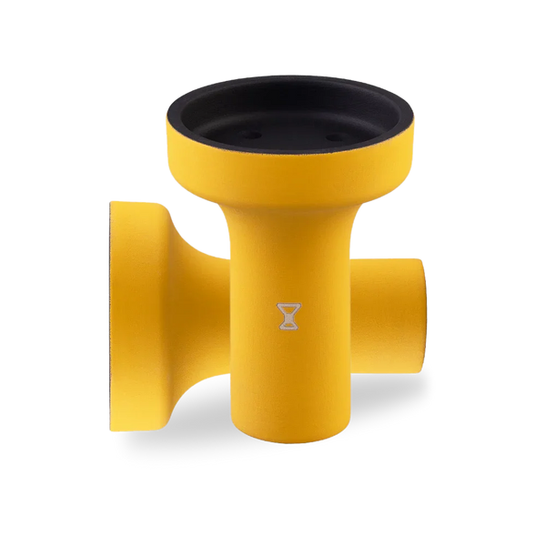 Yellow ceramic shisha bowl with black inner bowl and hourglass symbol, isolated on white