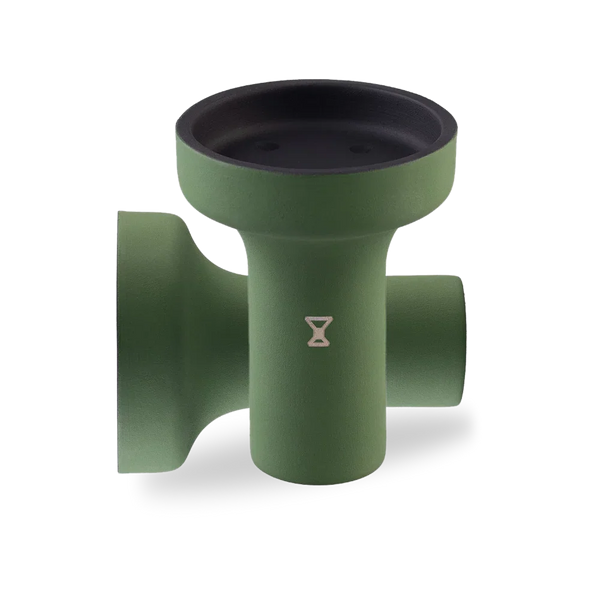 Green ceramic hookah bowl with wide black rim and modern hourglass logo on front