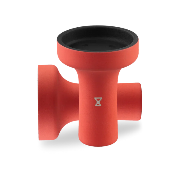 Red hookah bowl with black interior, hourglass logo, isolated on white background