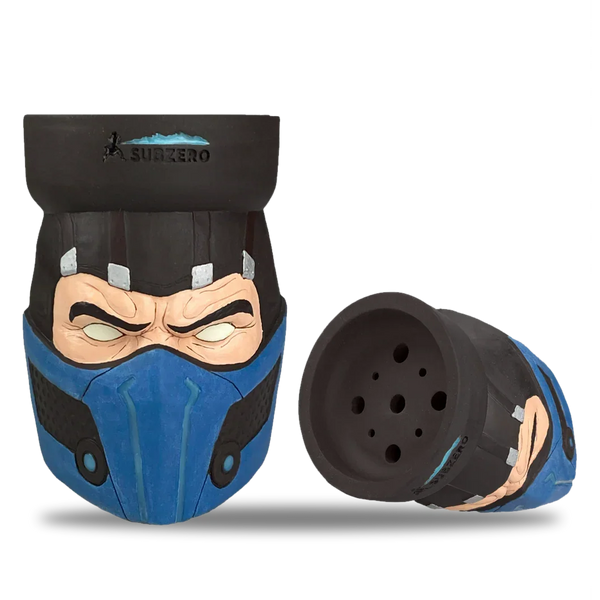 Sub-Zero character clay shisha bowl with detailed blue mask and ventilation holes