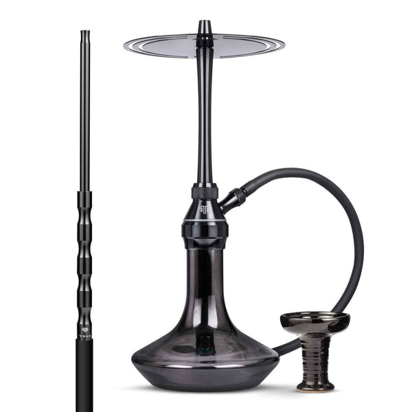 Modern black shisha set with glass base, hose, bowl, and metal stem on white background