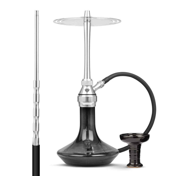 Modern black and silver hookah with hose and bowl on white background, shisha pipe set