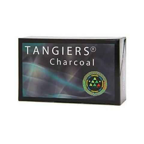 Box of Tangiers Charcoal for hookah with geometric design and black background.