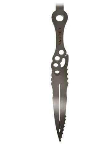 Stainless steel shisha tong with serrated edges and cutout handle, labeled TARGET