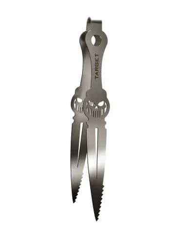 Metal shisha tongs with skull design, serrated edges, and Target logo, isolated on white background.