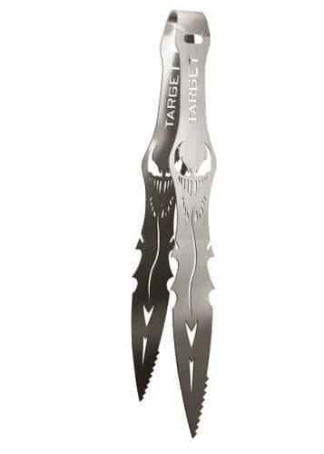 Stainless steel shisha tongs with engraved Venom-inspired design and serrated edges