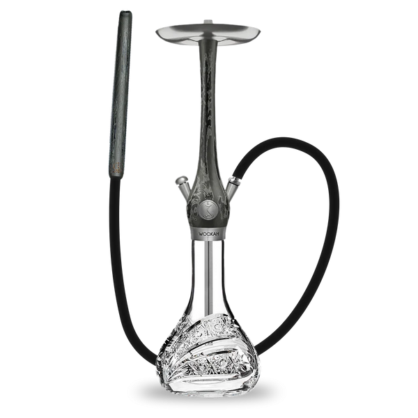 Modern glass and metal shisha pipe with engraved clear base and attached black hose