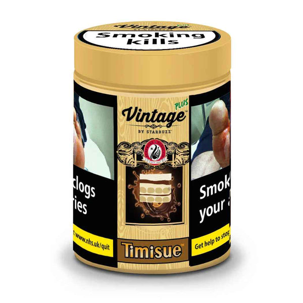 Timisue Vintage Plus Tobacco 50g jar with health warning labels and Starbuzz logo