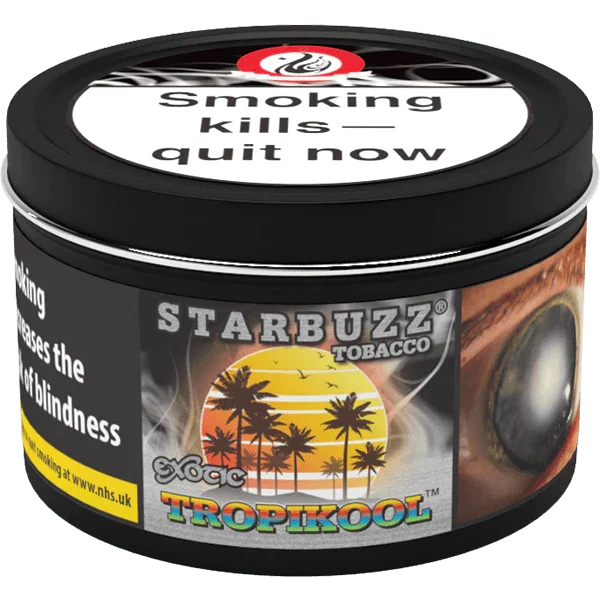 Starbuzz tobacco Tropikool flavor tin with tropical sunset label and health warning.