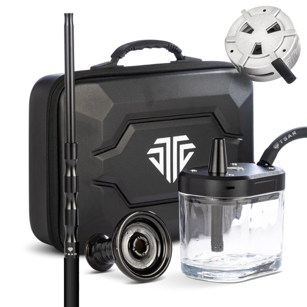 Black portable hookah set with glass base, accessories, and carrying case